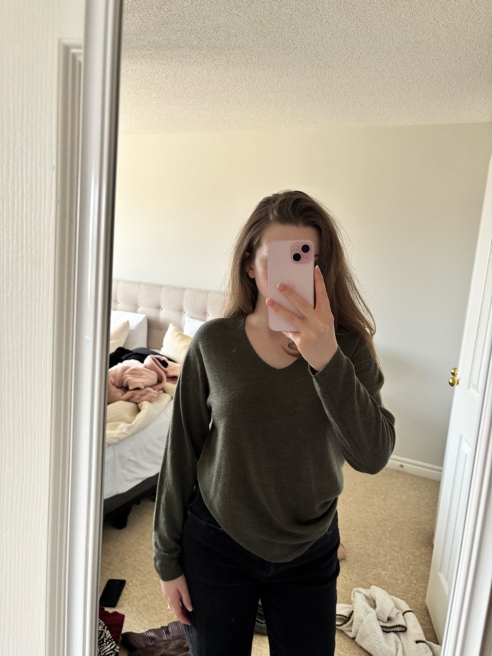 Olive Green V-Neck Knit Top